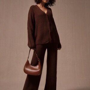 Chocolate Brown Casual Women's Wide Leg Chunky Knit Sweater Trousers
